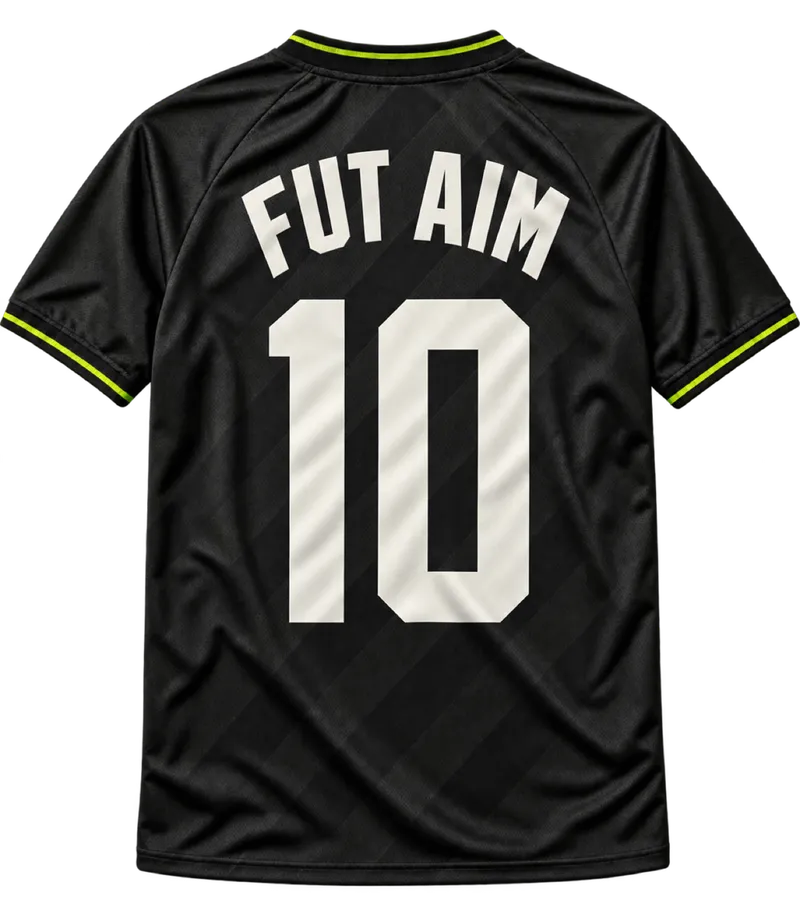 Costas de uma camisa de futebol preta com FUT AIM e o número 10
